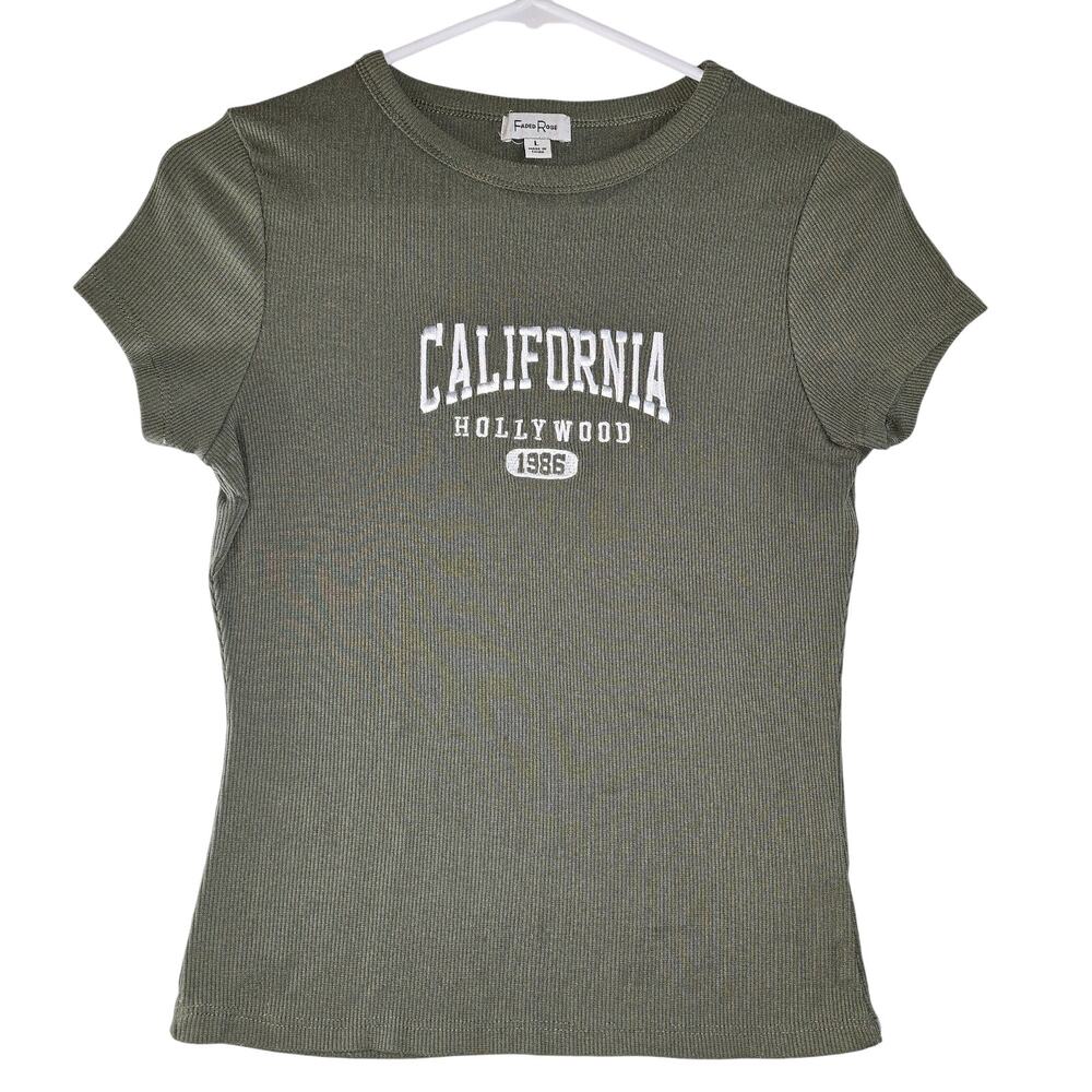 Y2K Style Faded Rose Hollywood California Green Crop Top Size L